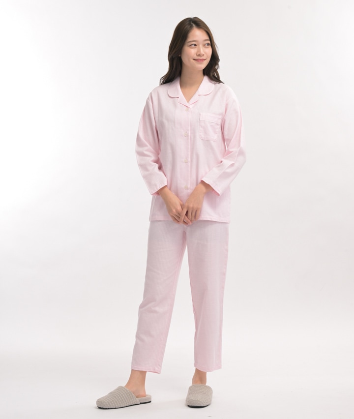 日本製）播州織ツイルストライプシャツパジャマ(Ｍサイズ ピンク