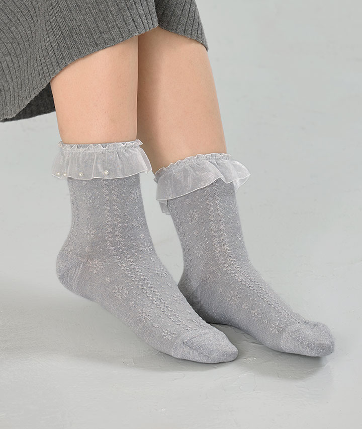 （１足物）パール付きレースソックス
