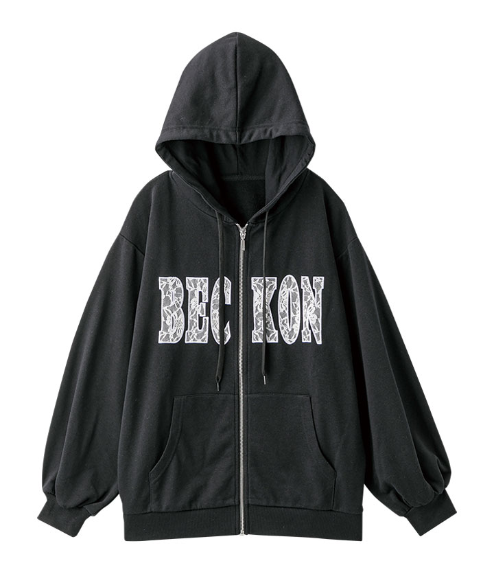 レース貼り付けロゴジップパーカー