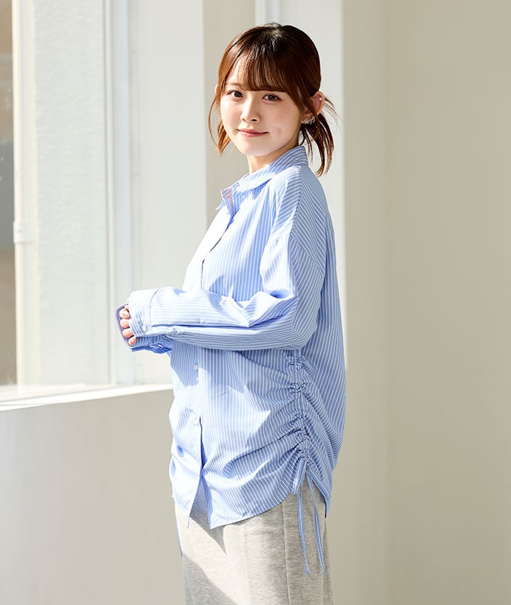 裾ギャザーストライプシャツ