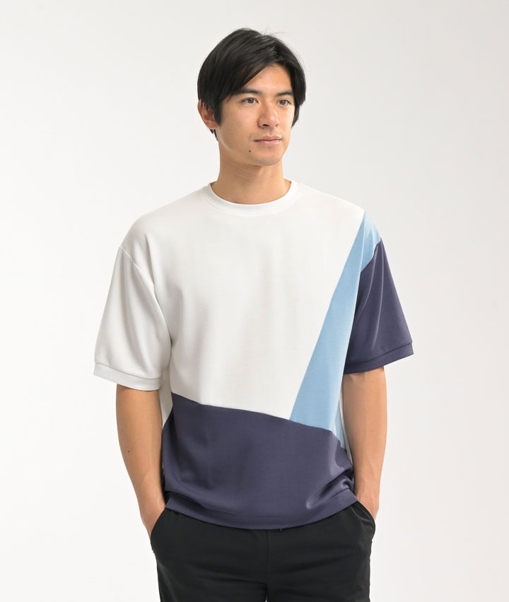 【シルキーエアーライト】（接触冷感・速乾・ＵＶカット・ソフトタッチ）五分袖切替プルオーバー