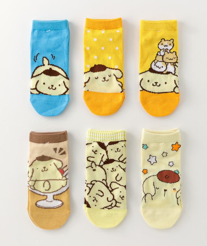 【サンリオキャラクターズ】（ポムポムプリン）（６足入り）フロント柄ソックスパック