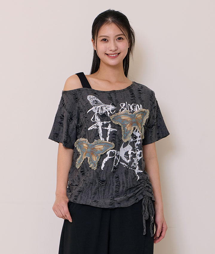蝶貼付けダメージデザインカットソー