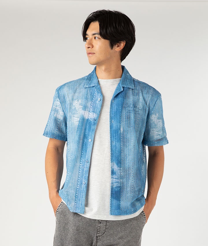 レースデニム風プリント半袖シャツ