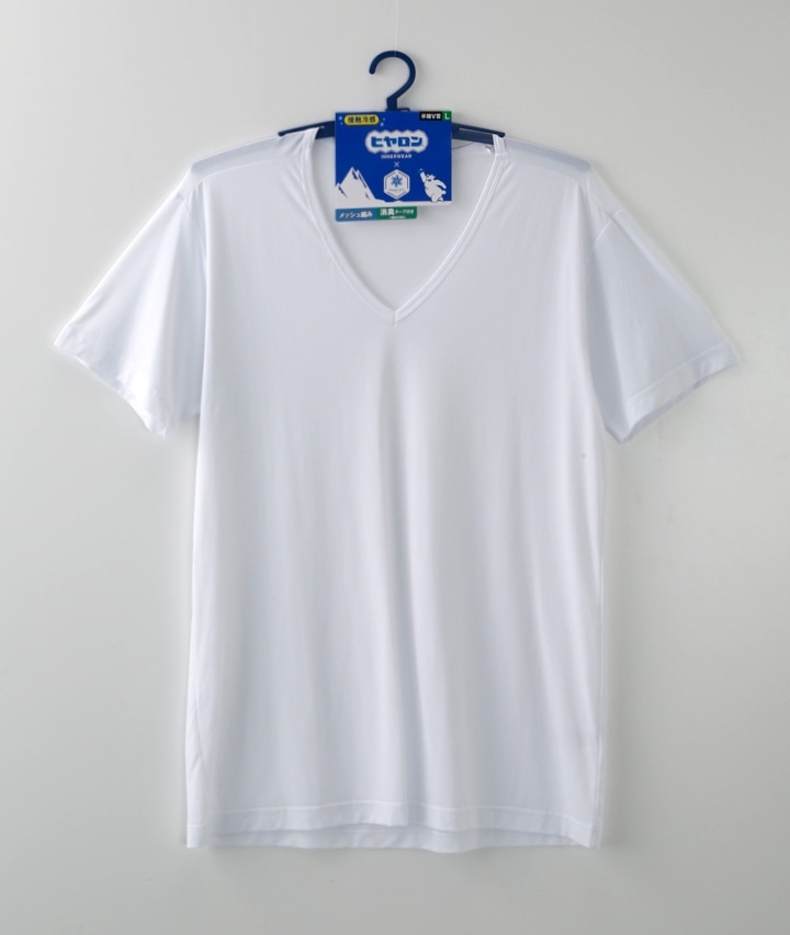 【ヒヤロン×Ｐａｓｅｏｓ　ＣＯＯＬ】（接触冷感）（メッシュ編み）（脇部分消臭テープ付き）半袖Ｖ首シャツ