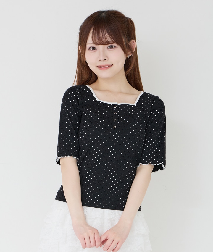 ドット柄スクエアネックＴシャツ