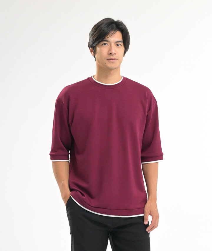 【シルキーエアーライト】（速乾・ＵＶカット・ソフトタッチ）６分袖丸首フェイクレイヤードＴトレーナー
