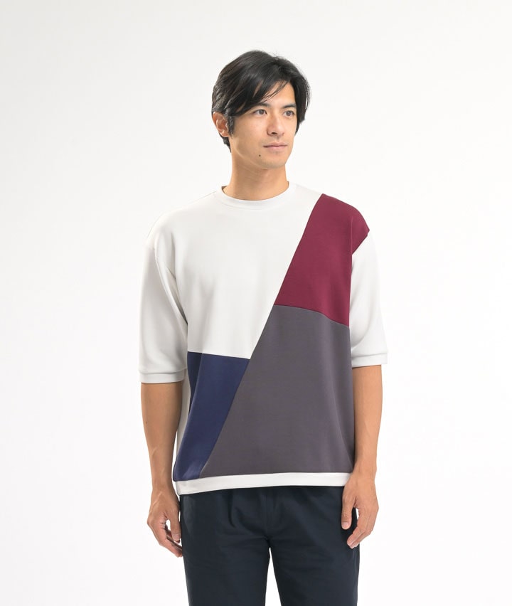 【シルキーエアーライト】（速乾・ＵＶカット・ソフトタッチ）６分袖斜めブロック切替Ｔトレーナー