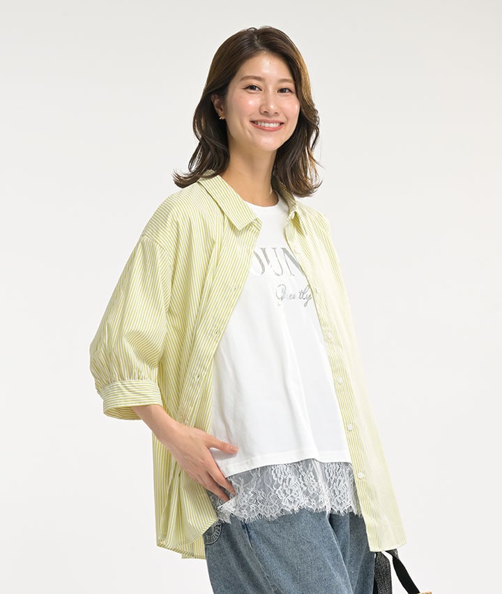 裾レースレイヤード箔ロゴＴシャツ