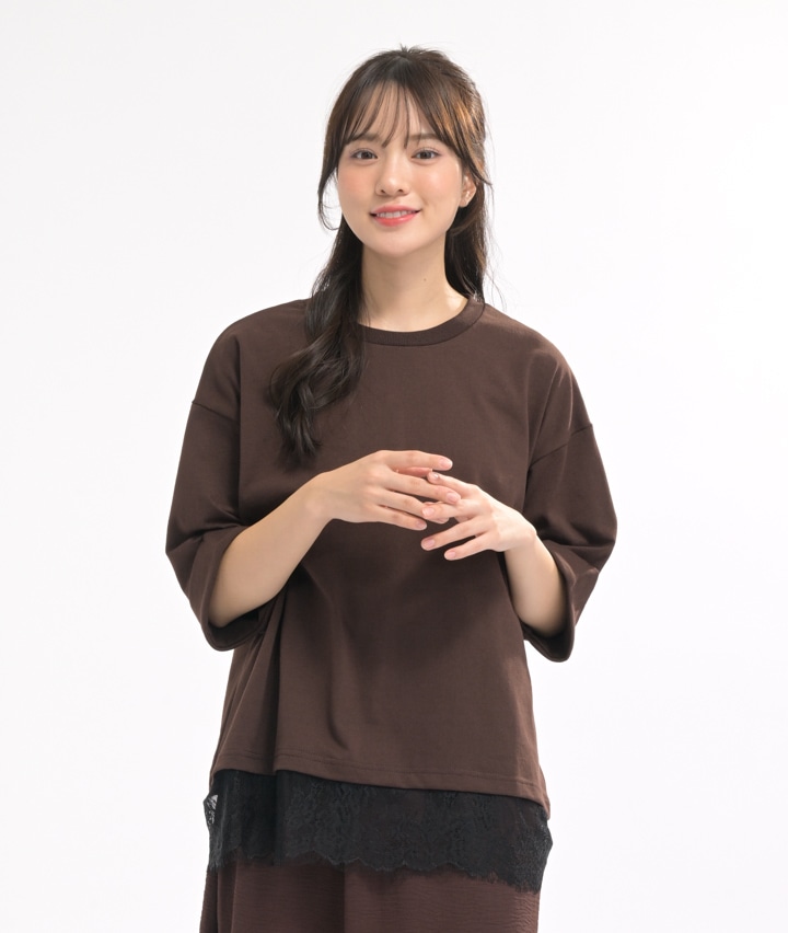裾レース袖折り返しＴシャツ
