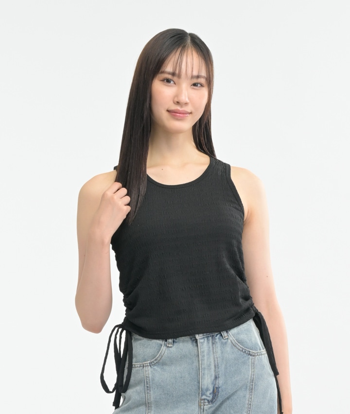（コーディネイトインナー）リボン付きシャーリングタンクトップ