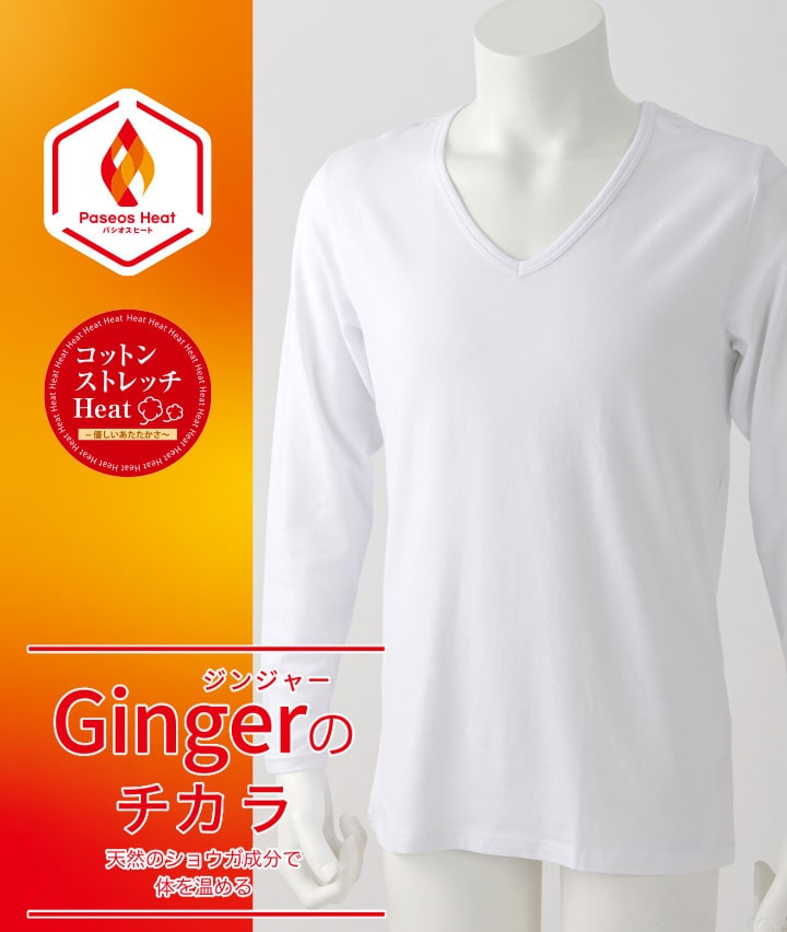 【Ｇｉｎｇｅｒのチカラ】【コットンストレッチＨｅａｔ】（吸湿発熱）（抗菌防臭）（綿混素材）（ストレッチ）（保温）（型崩れ防止）長袖Ｖ首シャツ