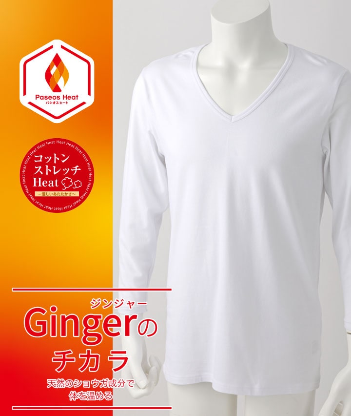【Ｇｉｎｇｅｒのチカラ】【コットンストレッチＨｅａｔ】（吸湿発熱）（抗菌防臭）（綿混素材）（ストレッチ）（保温）（型崩れ防止）８分袖Ｖ首シャツ