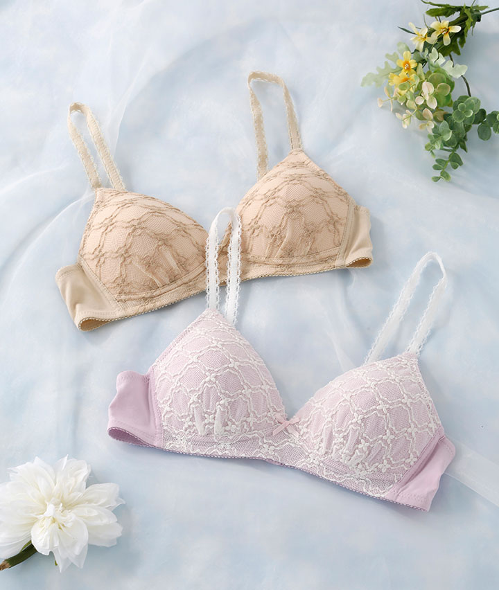 （シアバターオイル加工）（コットンＭＩＸ）総レースノンワイヤーブラジャー