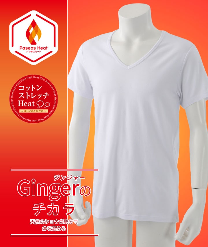【Ｇｉｎｇｅｒのチカラ】【コットンストレッチＨｅａｔ】（吸湿発熱）（抗菌防臭）（綿混素材）（ストレッチ）（保温）（型崩れ防止）半袖Ｖ首シャツ