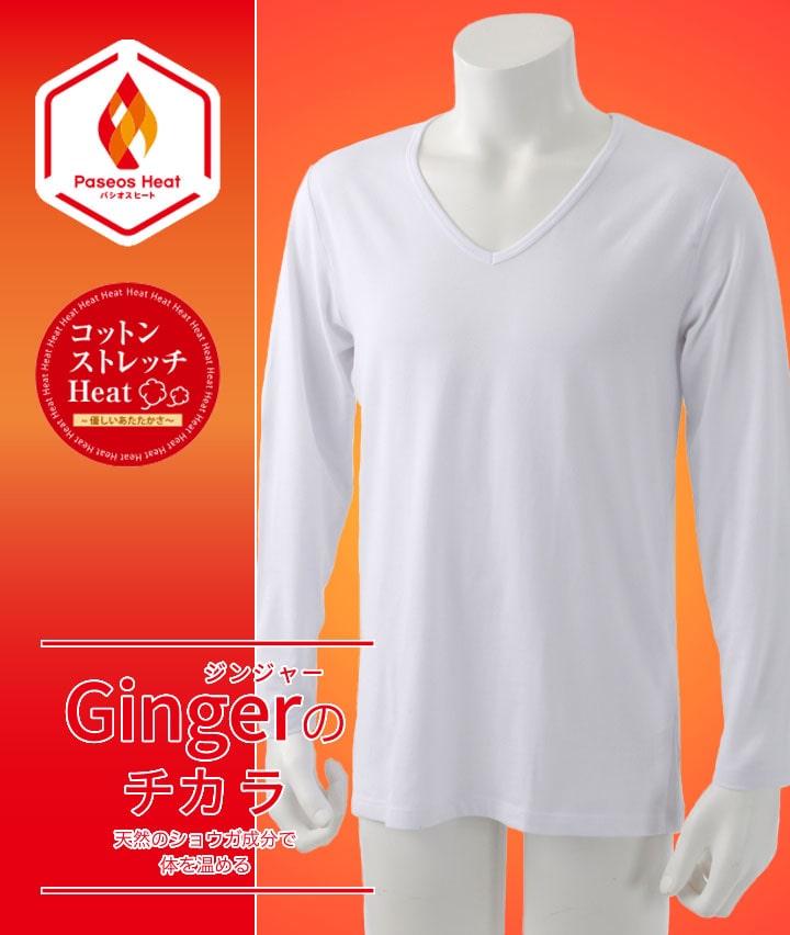 【Ｇｉｎｇｅｒのチカラ】【コットンストレッチＨｅａｔ】（吸湿発熱）（抗菌防臭）（綿混素材）（ストレッチ）（保湿）（型崩れ防止）長袖Ｖシャツ