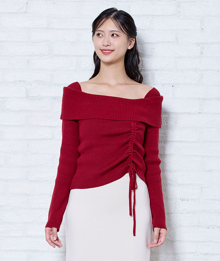 オフショルギャザーニットプルオーバー