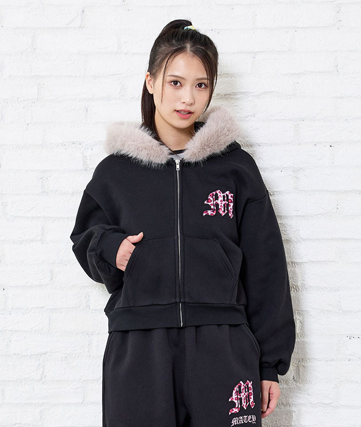 ヒョウ柄貼付フードファーパーカ