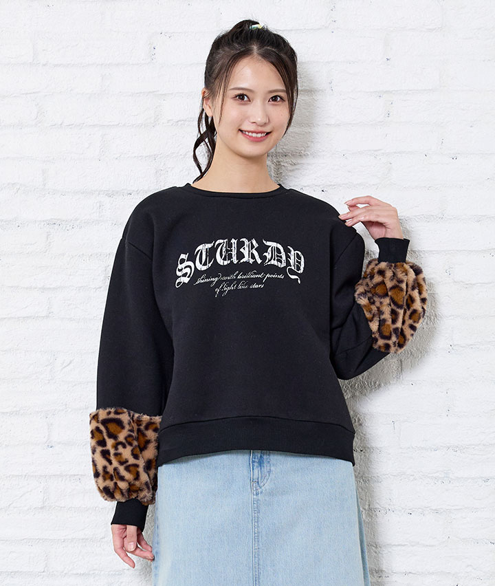 裏起毛ヒョウ柄袖ファープルオーバー