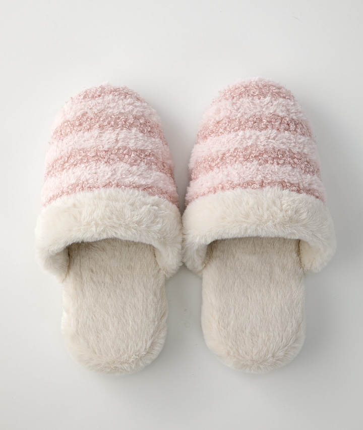 （ぐいっとかかとアップ）ボーダー柄ボアスリッパ　Ｍ