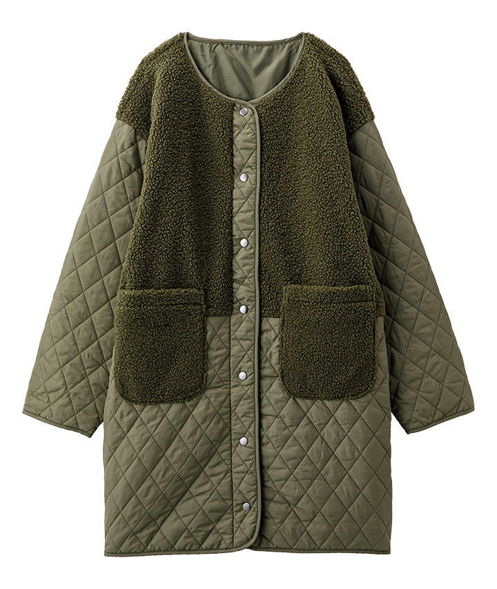 ノーカラーボア切替中綿コート