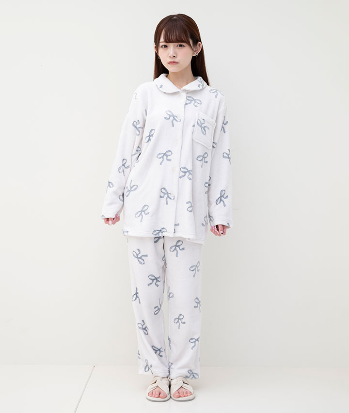 【ＳＵＦＦＵＳＥ】【ふわもこ】リボン柄シャツパジャマ