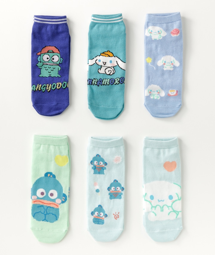 【サンリオキャラクターズ】（シナモロール）（ハンギョドン）（６足入り）フロント柄ソックスパック