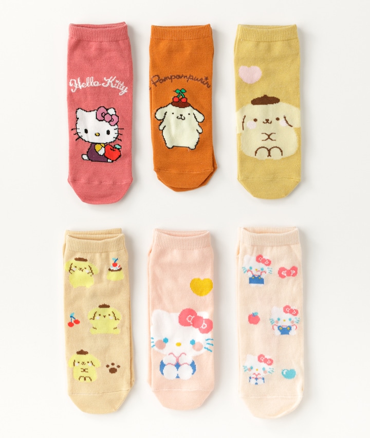 【サンリオキャラクターズ】（ハローキティ）（ポムポムプリン）（６足入り）フロント柄ソックスパック